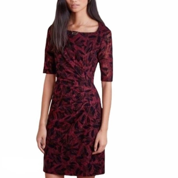 ANTHROPOLOGIE Maeve Elorn Wine Fitted Ruched Waist Lace Sheath Maroon Dress - Picture 1 of 9
